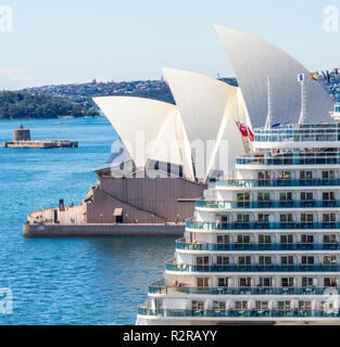 Royal class cruise ship Majestic Princess, Sydney Opera House Fort Denison on Pinchgut Island and Sydney Harbour NSW Australia. Stock Photo