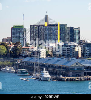 High rise residential towers, redeveloped warehouses on Jones Bay Wharf and Anzac Bridge, Sydney NSW Australia. Stock Photo