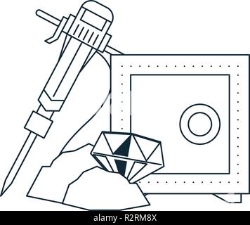 Diamond mining with strongbox and drill in black and white vector illustration graphic design Stock Vector