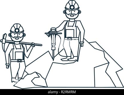 Mining workers with drill and pick in black and white vector illustration graphic design Stock Vector