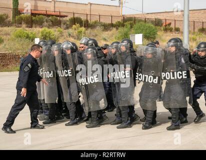 Mobile Field Force officers from the Office of Field Operations train for potential protests at the Port of Nogales, AZ, Mariposa Crossing on October 30, 2018. Stock Photo