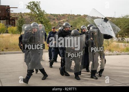 Mobile Field Force officers from the Office of Field Operations train for potential protests at the Port of Nogales, AZ, Mariposa Crossing on October 30, 2018. Stock Photo