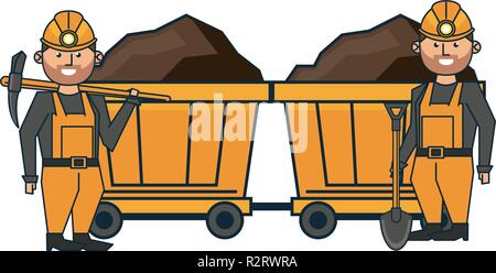 Mining workers with wagon carts and tools vector illustration graphic design Stock Vector
