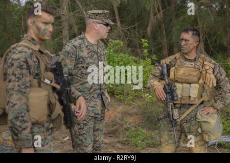 Col. Mike Livingston, center, evaluates Bravo Company's, 9th Engineer Support Battalion, 3rd Marine Logistics Group, counter mobility and survivability post during a Marine Corps Combat Readiness Evaluation (MCCRE) on Camp Hansen, Okinawa, Japan, Nov. 6, 2018. Marines with Bravo Co., 9th ESB, 3rd MLG took part in the MCCRE to demonstrate their skills in counter mobility and survivability on the battlefield. The Marines were graded on their speed and proficiency while displaying defensive battle and counter mobility stations against the enemy. Livingston, technical exercise commander with G-4,  Stock Photo