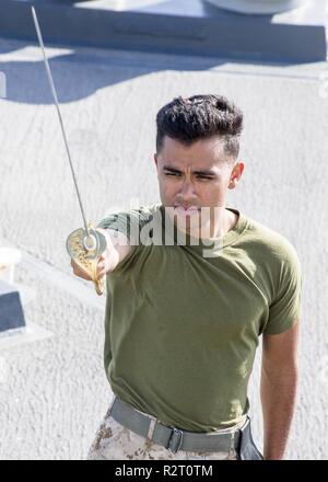 MEDITERRANEAN SEA (Nov. 3, 2018) U.S. Marine Corps Cpl. Gabriel Galicia, assigned to the 13th Marine Expeditionary Unit (MEU), participates in corporals course aboard the San Antonio-class amphibious transport dock ship USS Anchorage (LPD 23) in the Mediterranean Sea, Nov. 3, 2018. Anchorage and embarked 13th MEU are deployed to the U.S. 6th Fleet area of operations as a crisis response force in support of regional partners as well as to promote U.S. national security interests in Europe and Africa. Stock Photo