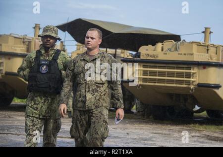 Saipan, Commonwealth of the Northern Mariana Islands, November 8, 2018 – U.S. Marines arrive on the island of Saipan to transport heavy equipment vehicles after Super Typhoon Yutu made landfall, damaging hundreds of homes and leaving many residents without shelter, food, or access to clean water. The Lighter Amphibious Resupply Cargo (LARC) vehicles will be used for a variety of missions, from debris cleanup to commodity distribution. Per FEMA’s request, the military has been deployed to Saipan along with other federal and voluntary agencies to provide assistance to disaster survivors in the c Stock Photo