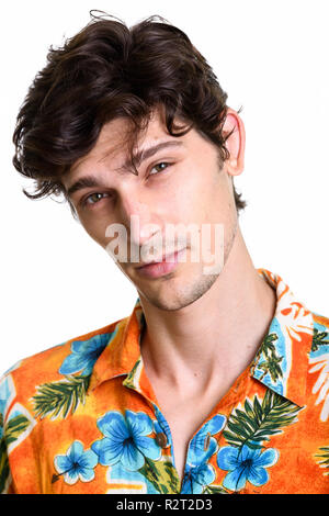 Young Man Wearing Unbuttoned Hawaiian Shirt Mid Section High-Res