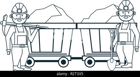 Mining workers with wagon carts and tools vector illustration graphic design Stock Vector