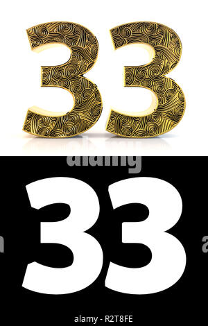 3d illustration of golden number 33 or thirty three isolated on