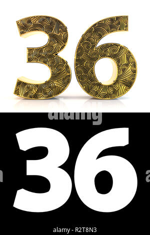 Golden number thirty-six (36 years) on white background with pattern style Zentangle, drop shadow and alpha channel. 3D illustration. Stock Photo