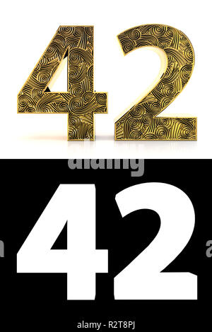 Golden number forty-two (42 years) on white background with pattern style Zentangle, drop shadow and alpha channel. 3D illustration. Stock Photo