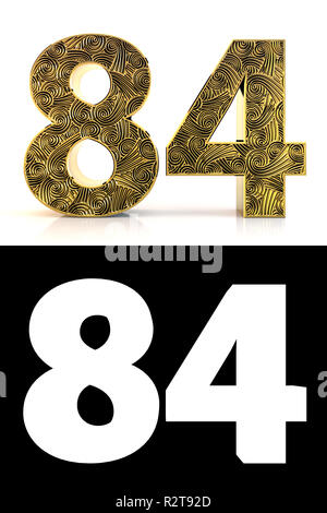 Golden number eighty-four (84 years) on white background with pattern style Zentangle, drop shadow and alpha channel. 3D illustration. Stock Photo