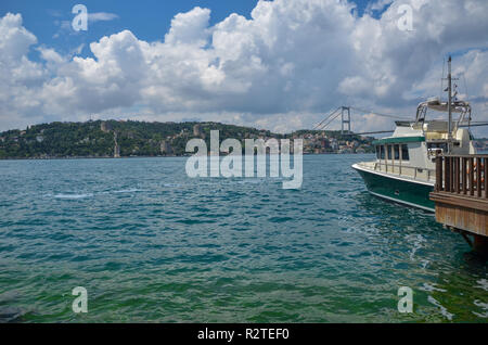 The first one bridge of Bosphorus channel at Istanbul in Turkey. This bridge connecting Europe with Asia.European continent cityscape from Asia contin Stock Photo