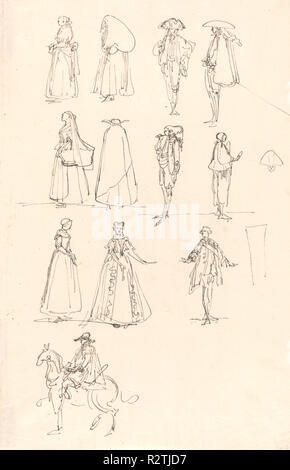 Historical Costumes. Dated: 1780. Dimensions: overall: 29.1 x 18.9 cm (11 7/16 x 7 7/16 in.). Medium: pen and black ink on laid paper. Museum: National Gallery of Art, Washington DC. Author: LUIS PARET Y ALCAZAR. Stock Photo