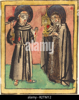 Saint Francis and Saint Clara. Dated: 1450/1470. Medium: woodcut, hand-colored in rose, red, gray, black, yellow, and gold. Museum: National Gallery of Art, Washington DC. Author: German 15th Century. Stock Photo