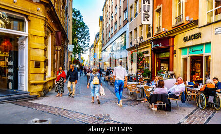 Terrace on the corner of Rue des Capucines and the Grand-Rue shopping street in the heart of the city of Luxembourg Stock Photo