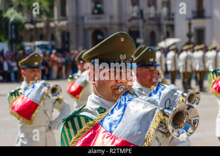 SANTIAGO, CHILE - NOV 5, 2018:  Canabineros play trumpet at the ceremonial changing of the guard at Palacio de la Moneda Stock Photo