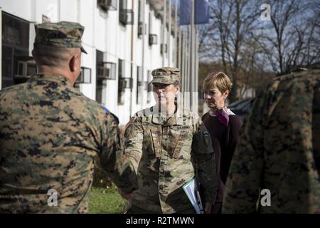U.S. Army Brig. Gen. Marti Bissell, NATO Headquarters Sarajevo commander, greets Armed Forces of Bosnia and Herzegovina soldiers while visiting 5th Infantry Brigade in Tuzla, BiH Oct. 30, 2018. NHQSa staff visited the brigade to meet the soldiers and their leadership, and to familiarize themselves with 5th Infantry Brigade's mission and capabilities. Stock Photo