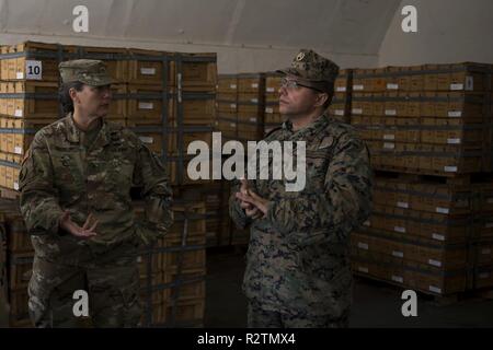 U.S. Army Brig. Gen. Marti Bissell, NATO Headquarters Sarajevo commander, speaks with Armed Forces of Bosnia and Herzegovina Podporucnik Senad Subasic, 5th Logistics Support Battalion during a tour of a munitions storage area in Tuzla, BiH, Oct. 31, 2018. NHQSa staff visited the brigade to meet the soldiers and their leadership, and to familiarize themselves with 5th Infantry Brigade's mission and capabilities. Stock Photo