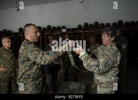 U.S. Army Brig. Gen. Marti Bissell, NATO Headquarters Sarajevo commander, and Armed Forces of Bosnia and Herzegovina Pukovnik Robert Gasic, 3rd Infantry Battalion commander, inspect an M16 during a tour of 'Vojvoda Stepa Stepanovic' barracks in Bijeljina, BiH, Oct. 31, 2018. NHQSa staff visited military installations in the area to familiarize themselves with 5th Infantry Brigade's mission and capabilities. Stock Photo