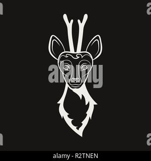 Head of a roe deer. Drawing on a black background. Vector illustration. Animals wildlife. Stock Vector