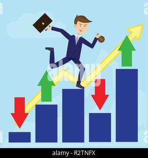 Businessman running on growth arrow with profit flat Stock Vector