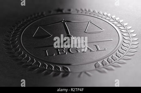 Legal sign design with scales of justice symbol printed on black background. 3D illustration Stock Photo