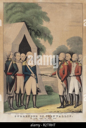 Surrender of Cornwallis: At York-Town Va. Oct. 1781. Dated: 1845. Medium: hand-colored lithograph. Museum: National Gallery of Art, Washington DC. Author: Nathaniel Currier. Currier and Ives. Stock Photo