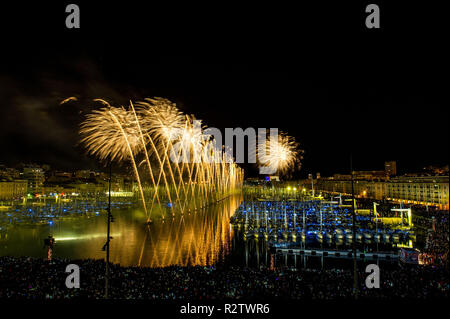 Marseille (south-eastern France), 2014/07/14: Fireworks over the Old Port. Stock Photo