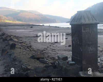 The exposed ruins of the demolished Derwent Hall normally on bed of