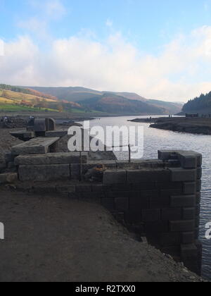 The exposed ruins of the demolished Derwent Hall normally on bed of