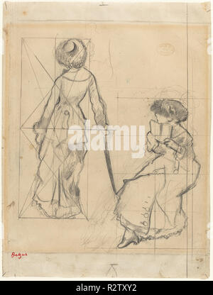Study for 'Mary Cassatt at the Louvre' [recto]. Dated: c. 1879. Dimensions: overall: 32.3 x 24.5 cm (12 11/16 x 9 5/8 in.). Medium: graphite with blind stylus on wove paper. Museum: National Gallery of Art, Washington DC. Author: EDGAR DEGAS. Stock Photo