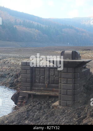 The exposed ruins of the demolished Derwent Hall normally on bed of