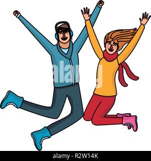 Happy people jumping in winter clothes  vector illustration graphic design Stock Vector