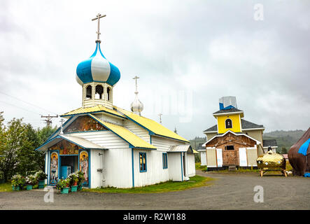 Nicholaevsk, AK - Aug 23, 2018: A view of the Church of St Nicholas, a Russian Orthodox Church in Nikolaevsk on Kenai Peninsula in Alaska, USA Stock Photo