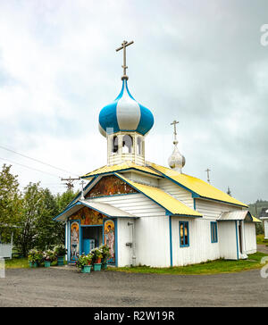 Nicholaevsk, AK - Aug 23, 2018: A view of the Church of St Nicholas, a Russian Orthodox Church in Nikolaevsk on Kenai Peninsula in Alaska, USA Stock Photo