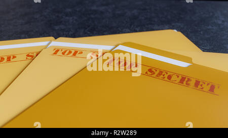 Several top secret file folders on a dark stone background. 3D Illustration Stock Photo