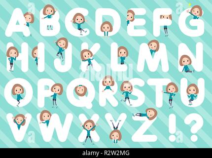 A set of women in sportswear designed with alphabet.Characters with fun expressions pose various poses.It's vector art so it's easy to edit. Stock Vector