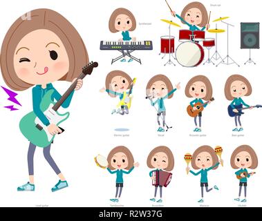 A set of women in sportswear playing rock 'n' roll and pop music.There are also various instruments such as ukulele and tambourine.It's vector art so  Stock Vector