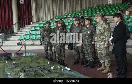 U.S. Army Gen. Robert B. Abrams, United Nations Command commander, receives a briefing at the Joint Security Area (JSA), Panmunjom, Republic of Korea, Nov. 10, 2018. Abrams took a tour of the JSA that consisted of briefings about the history of the area and the changes to come in the future. Stock Photo