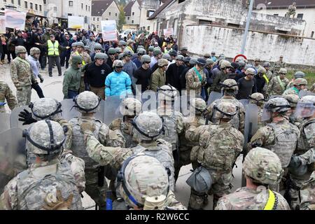 Soldiers of the 1st Squadron, 89th Cavalry Regiment, 2nd Brigade Combat Team, 10th Mountain Division participated in a culminating event to validate their training at the Joint Multinational Readiness Center (JMRC) in Hohenfels, Germany Nov. 5, 2018.  The Soldiers are participating in mission rehearsal exercises tailored to their upcoming deployment to Kosovo. Soldiers will deploy to Kosovo in support of Multinational Battle Group East Kosovo Forces (KFOR).  KFOR is a NATO-led international peacekeeping force, which is responsible for establishing a secure environment in Kosovo. (Hawaii Army N Stock Photo