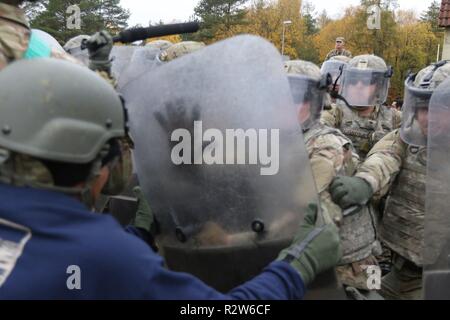 Soldiers of the 1st Squadron, 89th Cavalry Regiment, 2nd Brigade Combat Team, 10th Mountain Division participated in a culminating event to validate their training at the Joint Multinational Readiness Center (JMRC) in Hohenfels, Germany Nov. 5, 2018.  The Soldiers are participating in mission rehearsal exercises tailored to their upcoming deployment to Kosovo. Soldiers will deploy to Kosovo in support of Multinational Battle Group East Kosovo Forces (KFOR).  KFOR is a NATO-led international peacekeeping force, which is responsible for establishing a secure environment in Kosovo. (Hawaii Army N Stock Photo