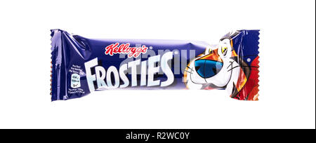 SWINDON, UK - NOVEMBER 18 2018: Kelloggs Frosties cereal bar on white background Stock Photo