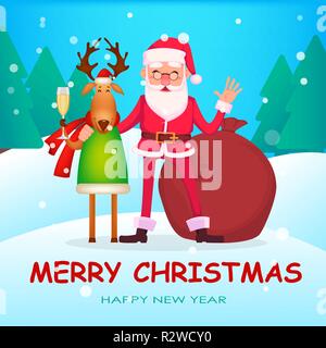 Christmas greeting card. Funny Santa Claus in glasses, cheerful cartoon character stands with deer. Vector illustration with winter forest on backgrou Stock Vector