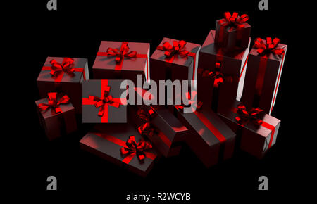 A scattered collection of various sized gift boxes wrapped in a shiny red paper and ribbon and bow on an isolated dark studio background - 3D render Stock Photo