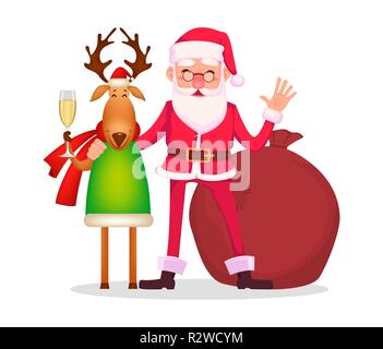 Christmas greeting card. Funny Santa Claus in glasses, cheerful cartoon character stands with deer. Vector illustration on white background Stock Vector