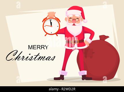 Christmas greeting card. Funny Santa Claus in glasses, cheerful cartoon character holds alarm clock. Vector illustration Stock Vector