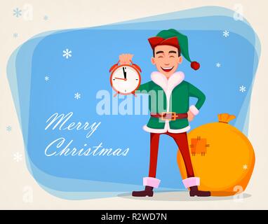 Christmas greeting card. Handsome Santa Claus helper elf. Cheerful cartoon character holds alarm clock. Vector illustration Stock Vector