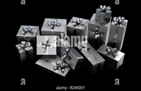 A scattered collection of various sized gift boxes wrapped in silver paper and a silver ribbon and bow on an isolated dark studio background - 3D rend Stock Photo