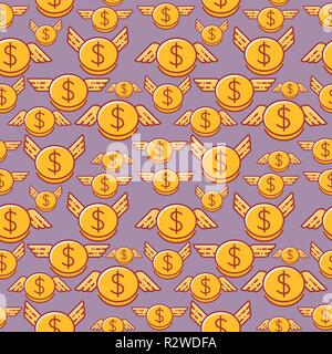 Dollar coins with wings, seamless vector pattern. Stock Vector